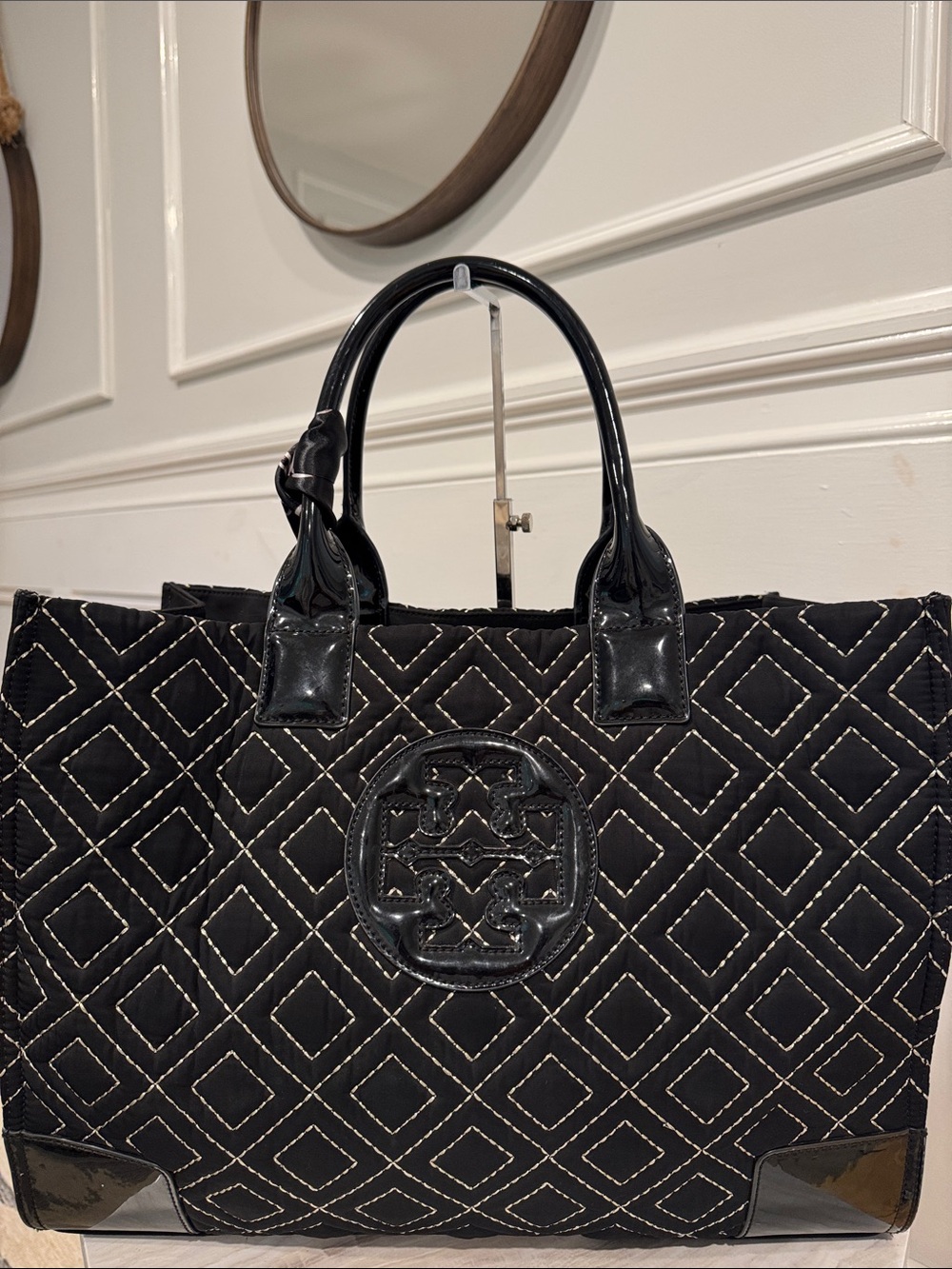 Tory Burch Bag Ella Quilted Black Large Nylon Tote Rare - Picture 4 of 17